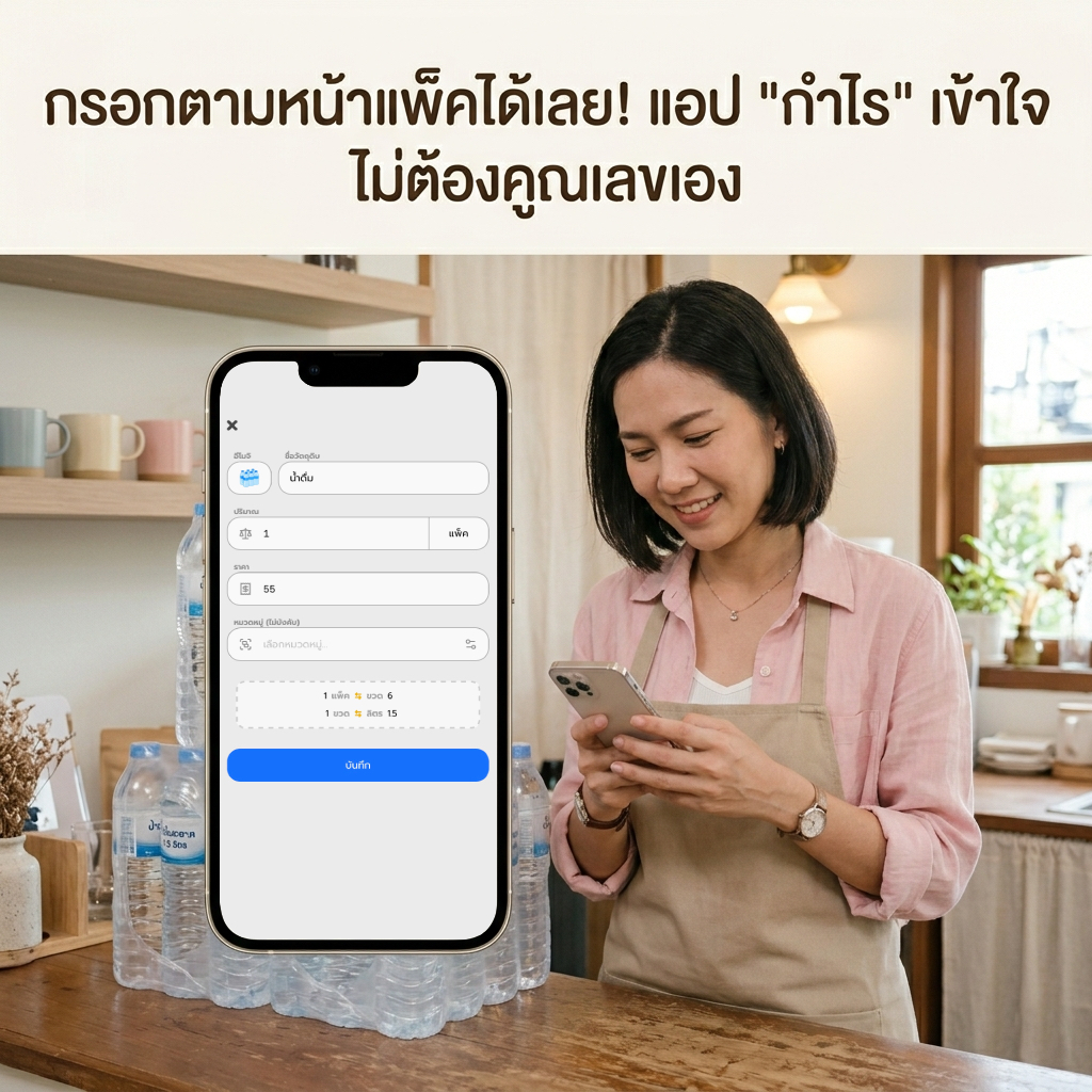 การกรอกข้อมูลต้นทุนน้ำเปล่าในแอปกำไร