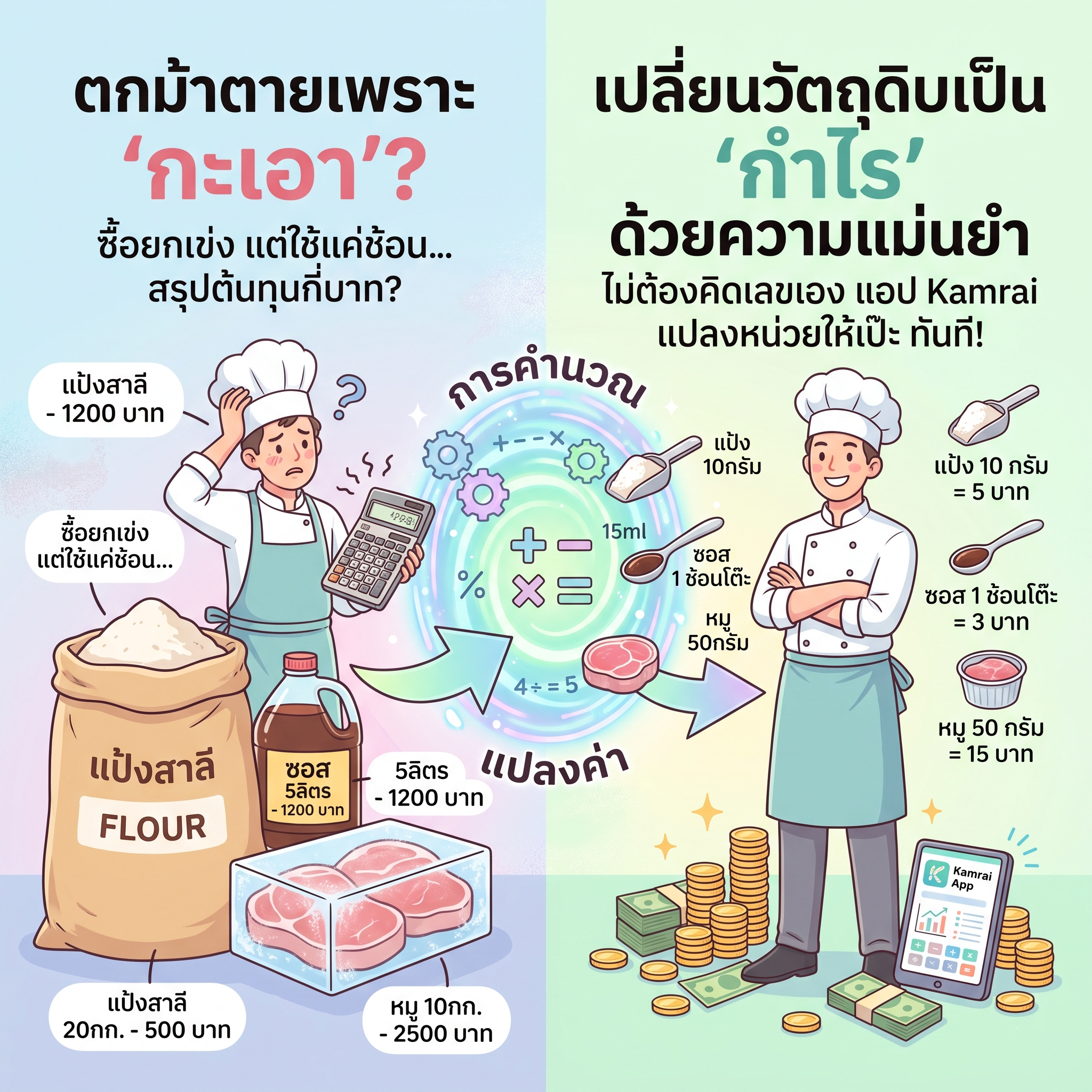 ฟีเจอร์สูตรซ้อน/แปรรูป ในแอปกำไร แปลงหน่วยจากราคาเหมาเป็นต้นทุนย่อยหน้าเตาอัตโนมัติ คิดต้นทุนน้ำจิ้มและสูตรหมัก